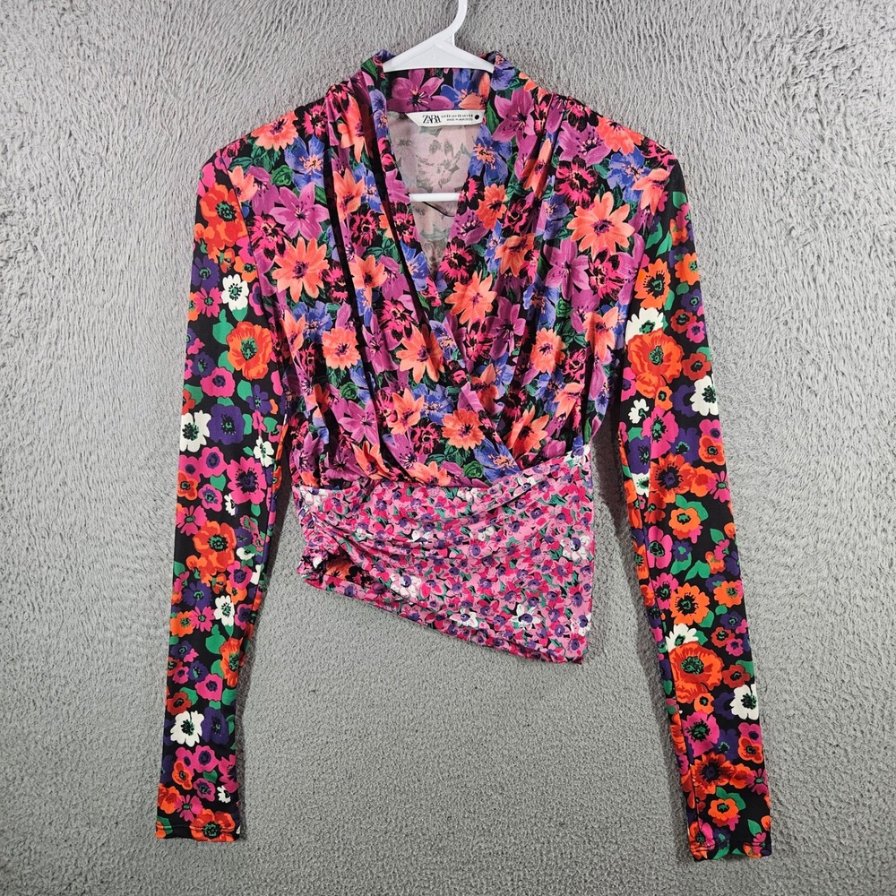 Zara Womens Floral Print Wrap Top Long Sleeve Asymmetrical Ruched Blouse XS